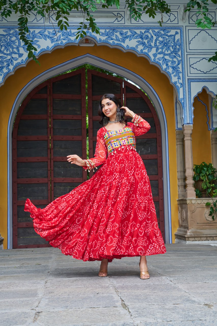 Red color printed gown