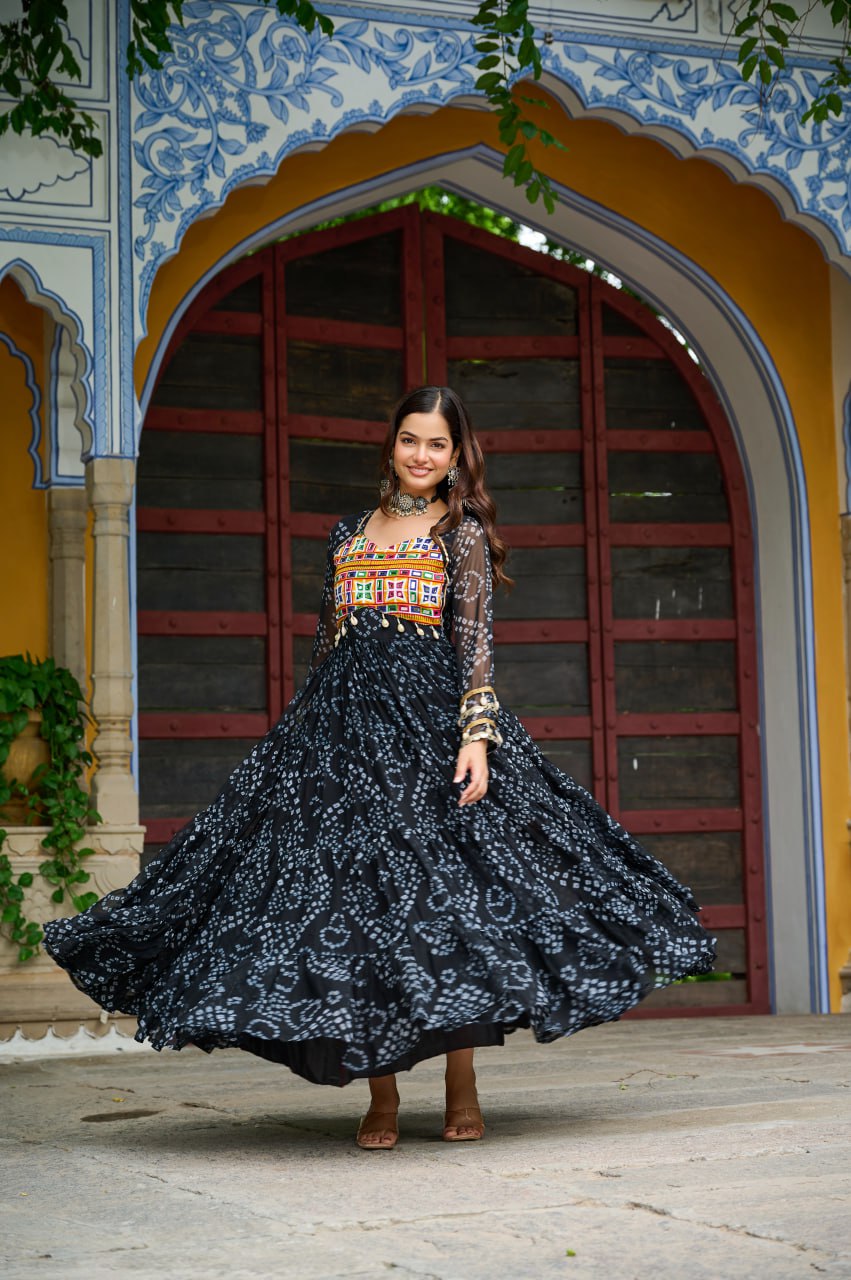 Black color kutchi patch work gown