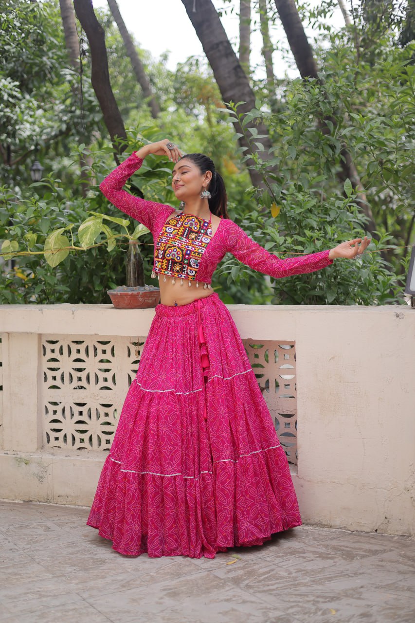 Pink color georgette printed navratri lehenga choli online shopping