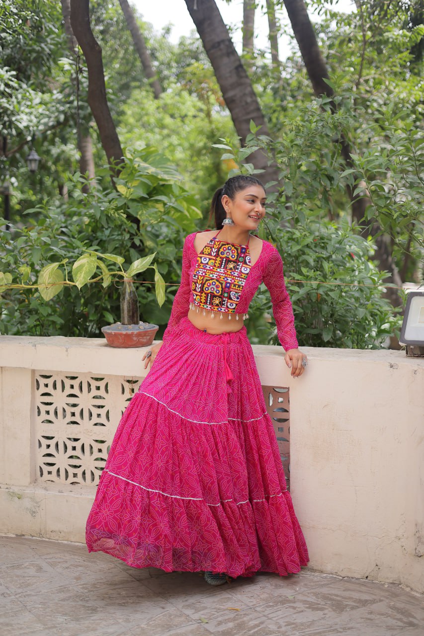 Pink color georgette printed navratri lehenga choli online