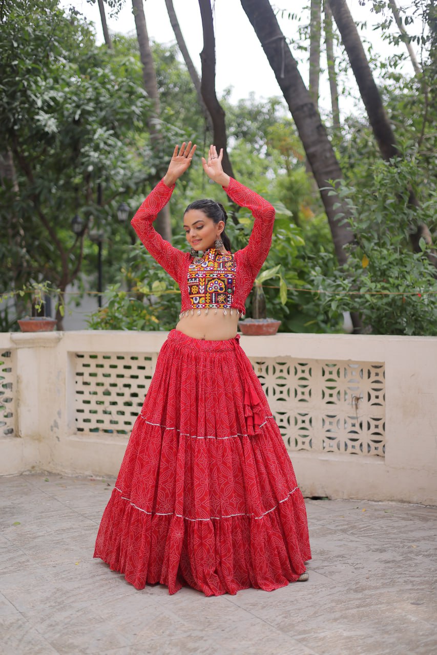 Red color georgette printed navratri lehenga choli online shopping