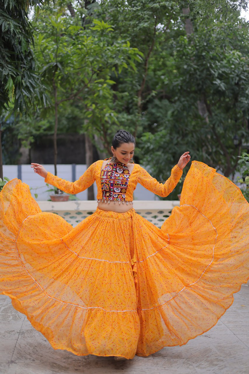 Yellow color gamthi work lehengas