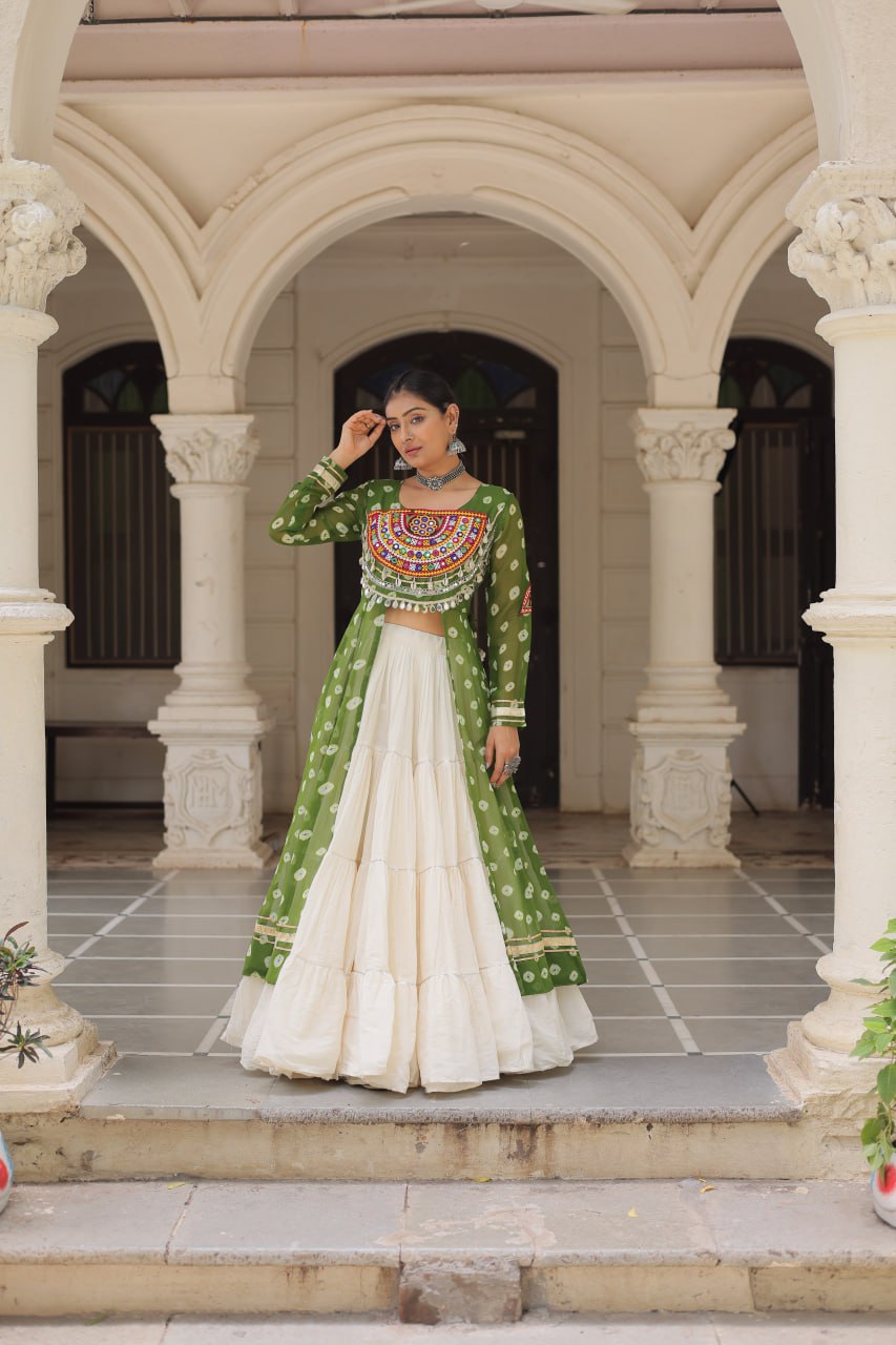 Green color gamthi work lehenga choli