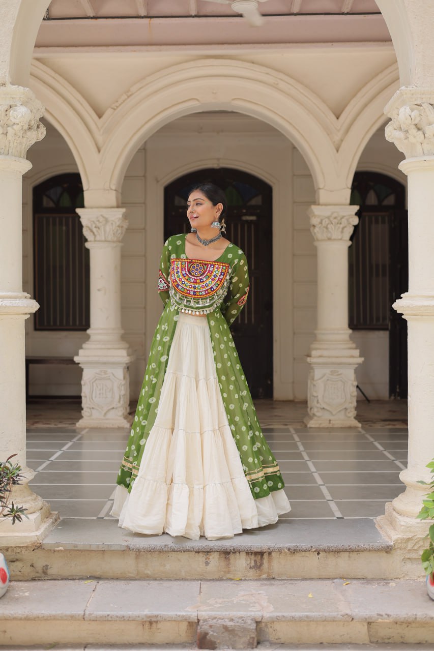 Bandhani printed green lehenga with top