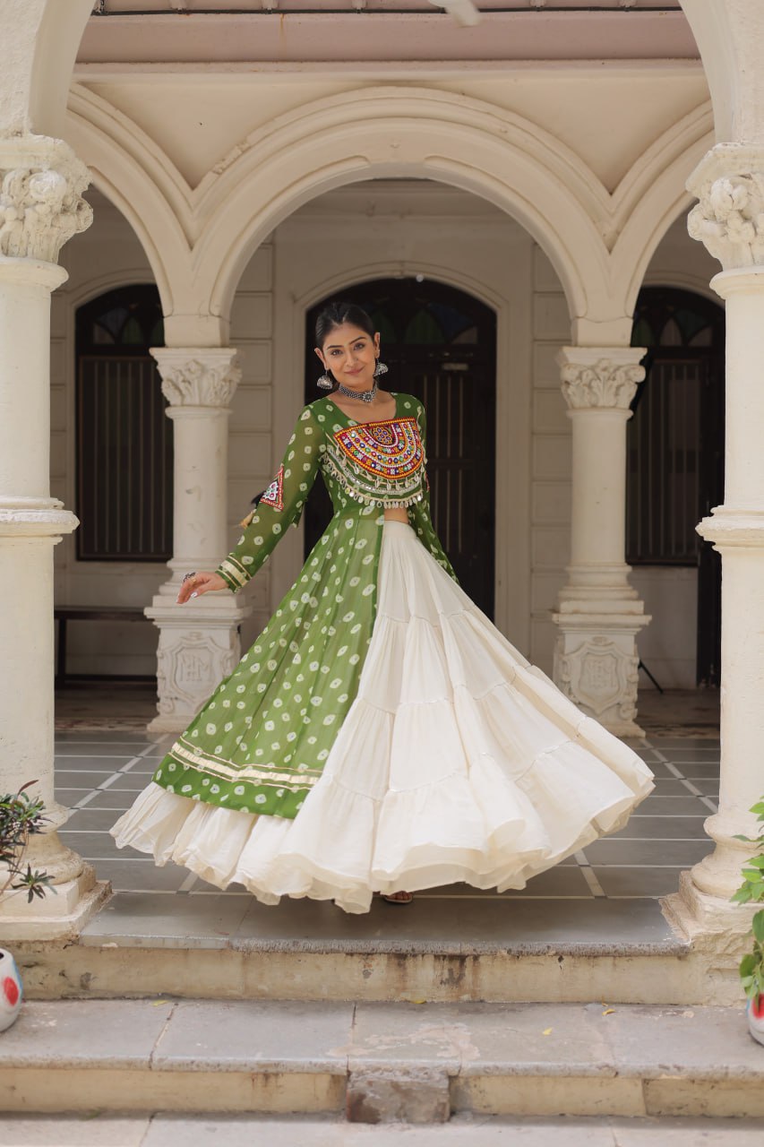 Green kutchi patch work lehenga with kurti