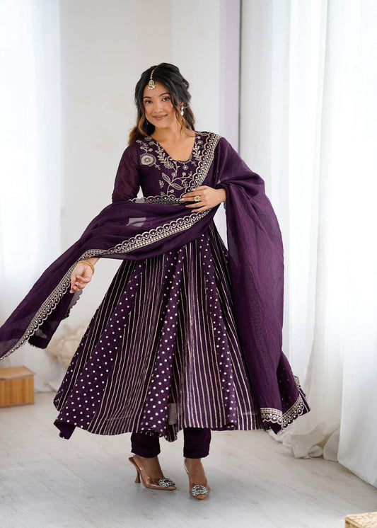 Maxi purple color crunchy silk gown for women