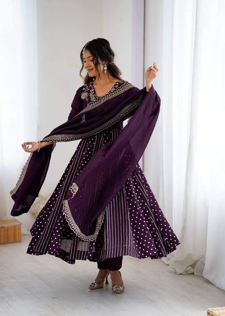 Long Sleeves purple embroidery work gown with dupatta