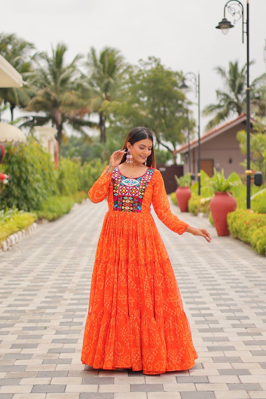 Long sleeves orange gown for navratri