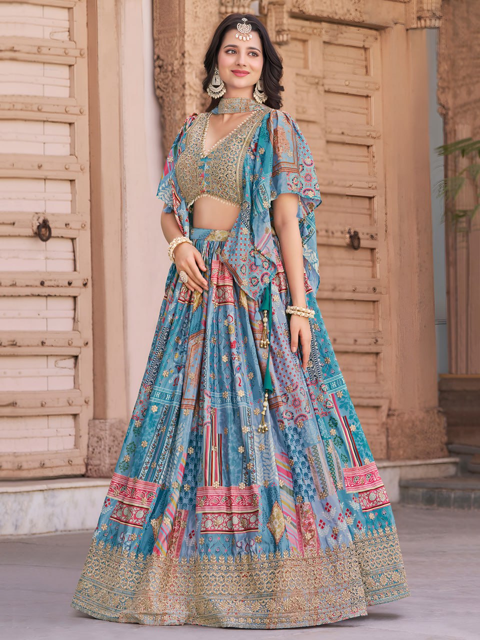 Sky color embroidery work chaniya choli