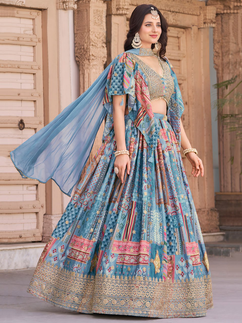 Party wear sky color lehenga