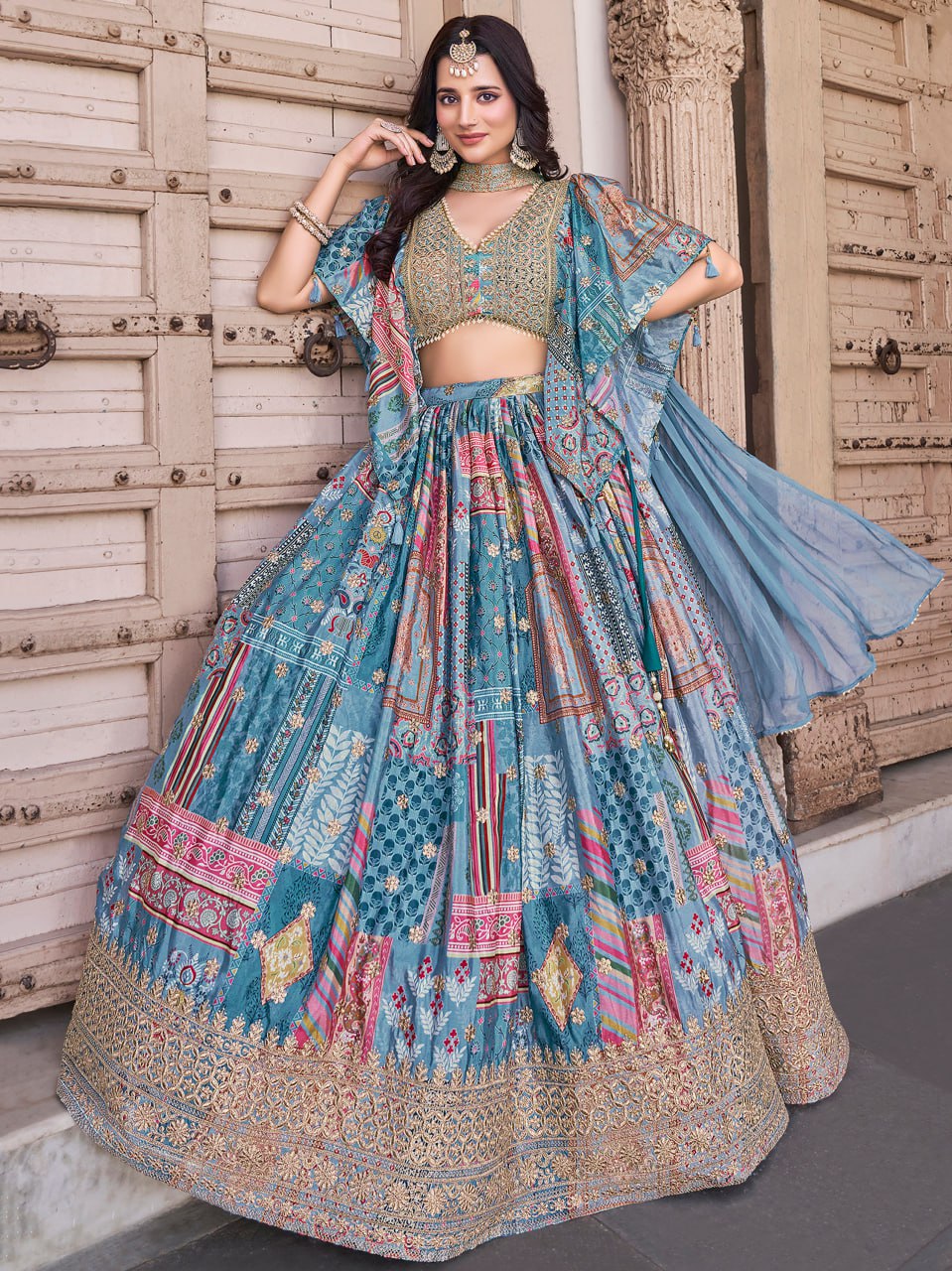 Sky color embroidery work lehenga
