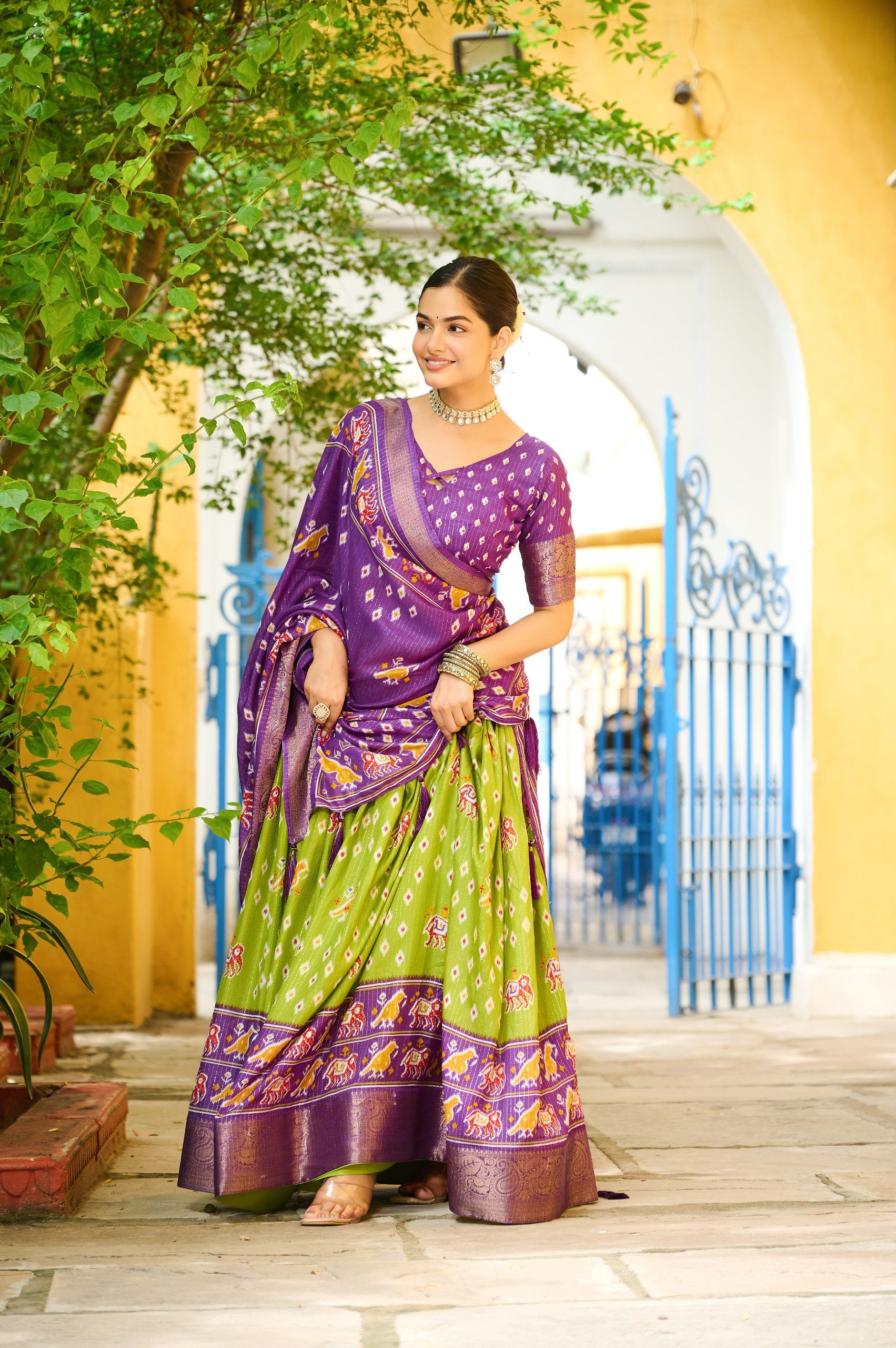 Mehendi color lichi lehenga choli with dupatta in USA