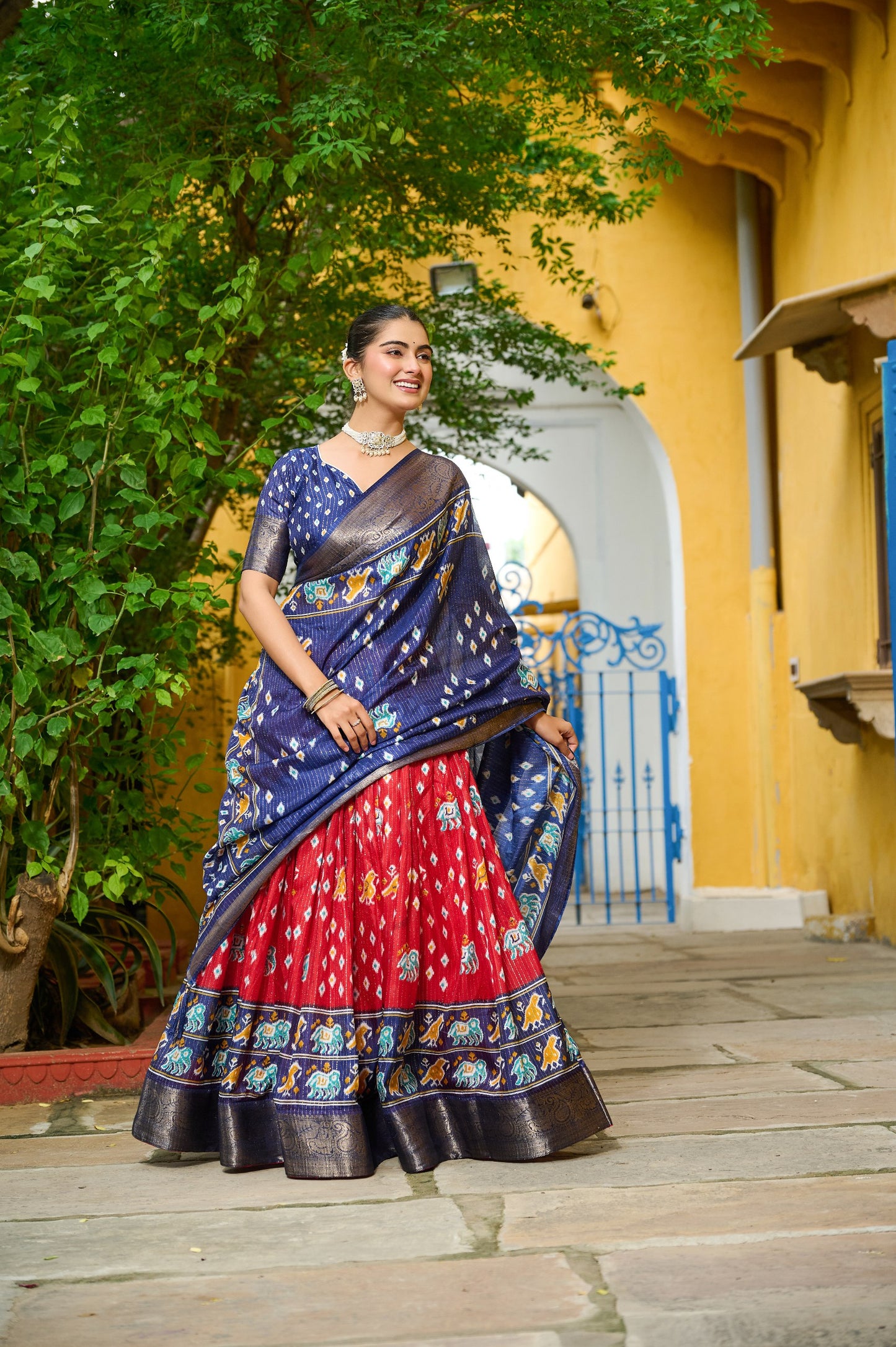 Red color zari printed lehenga with online