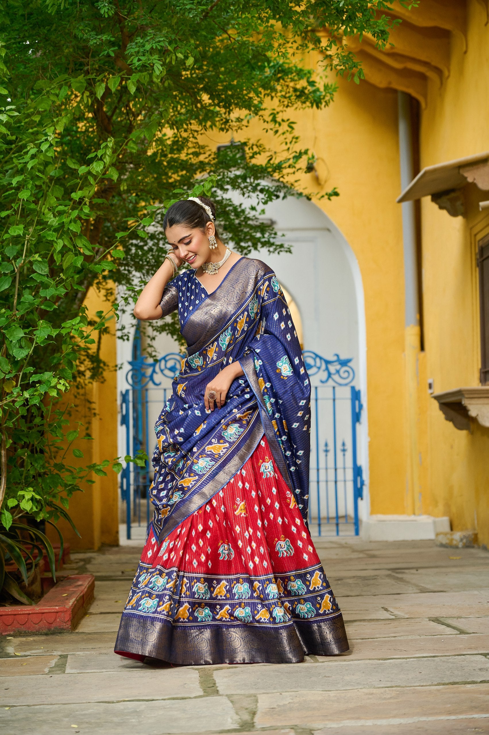 Red zari printed lehenga for wedding