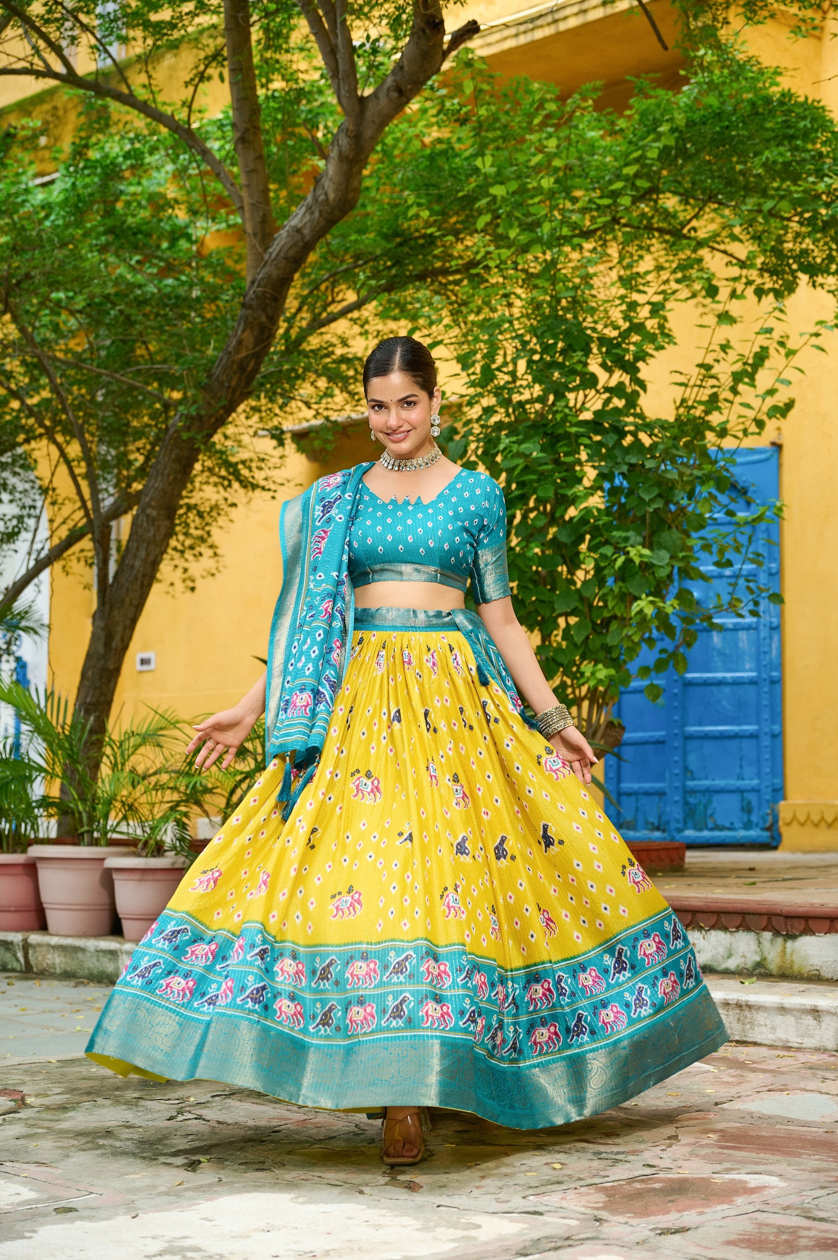 Yellow color jacquard with zari printed lehenga