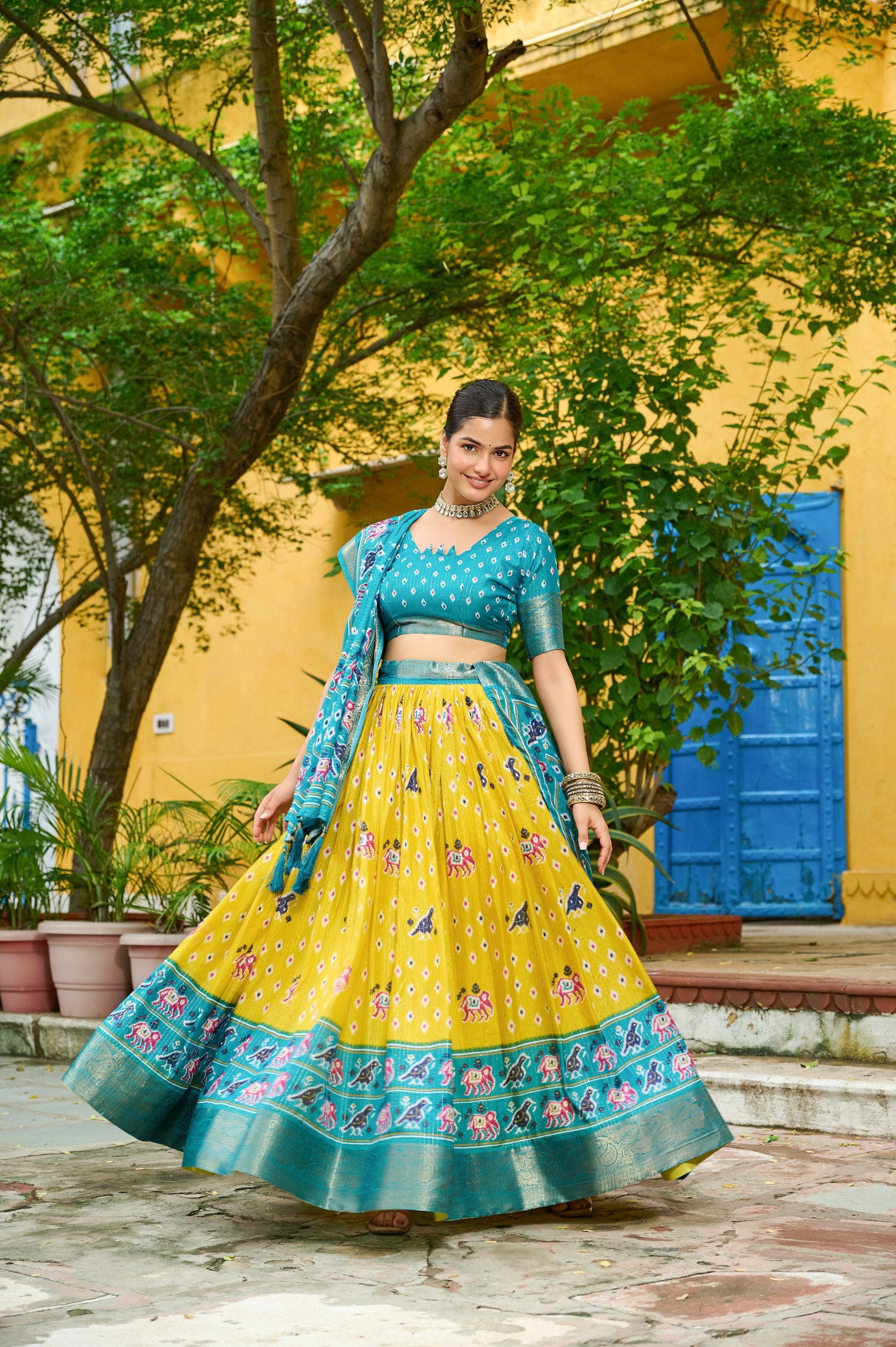 Yellow zari weaving lehenga choli in USA