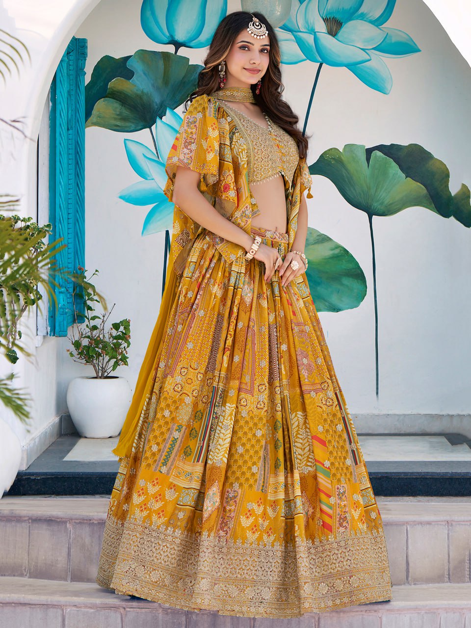 Yellow chinon silk lehenga choli with dupatta