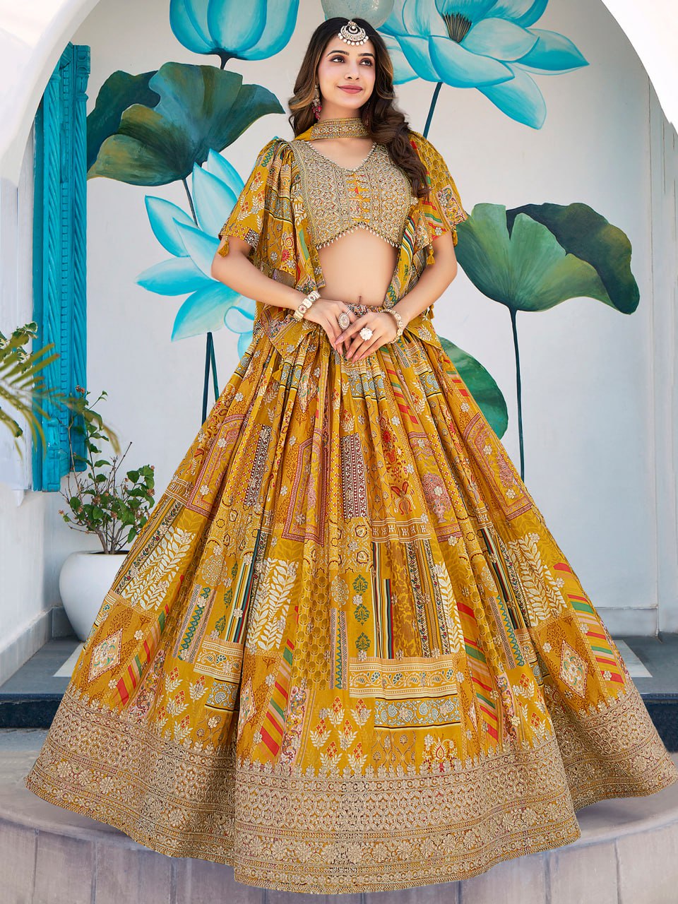 Yellow chinon silk embroidery work lehenga