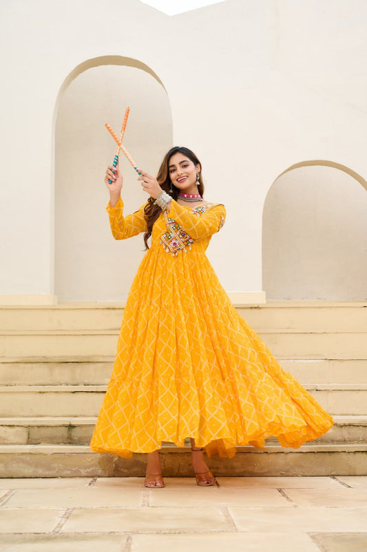 Women yellow georgette gown for navratri
