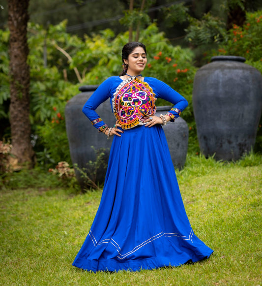 Navratri blue color rayon lehenga with blouse price