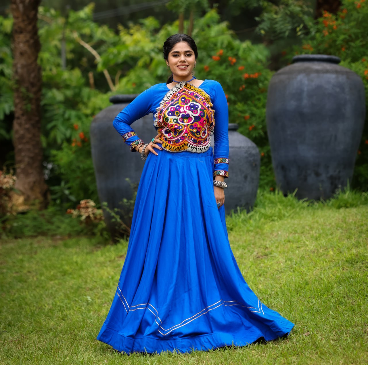 Navratri blue color rayon lehenga with blouse online usa