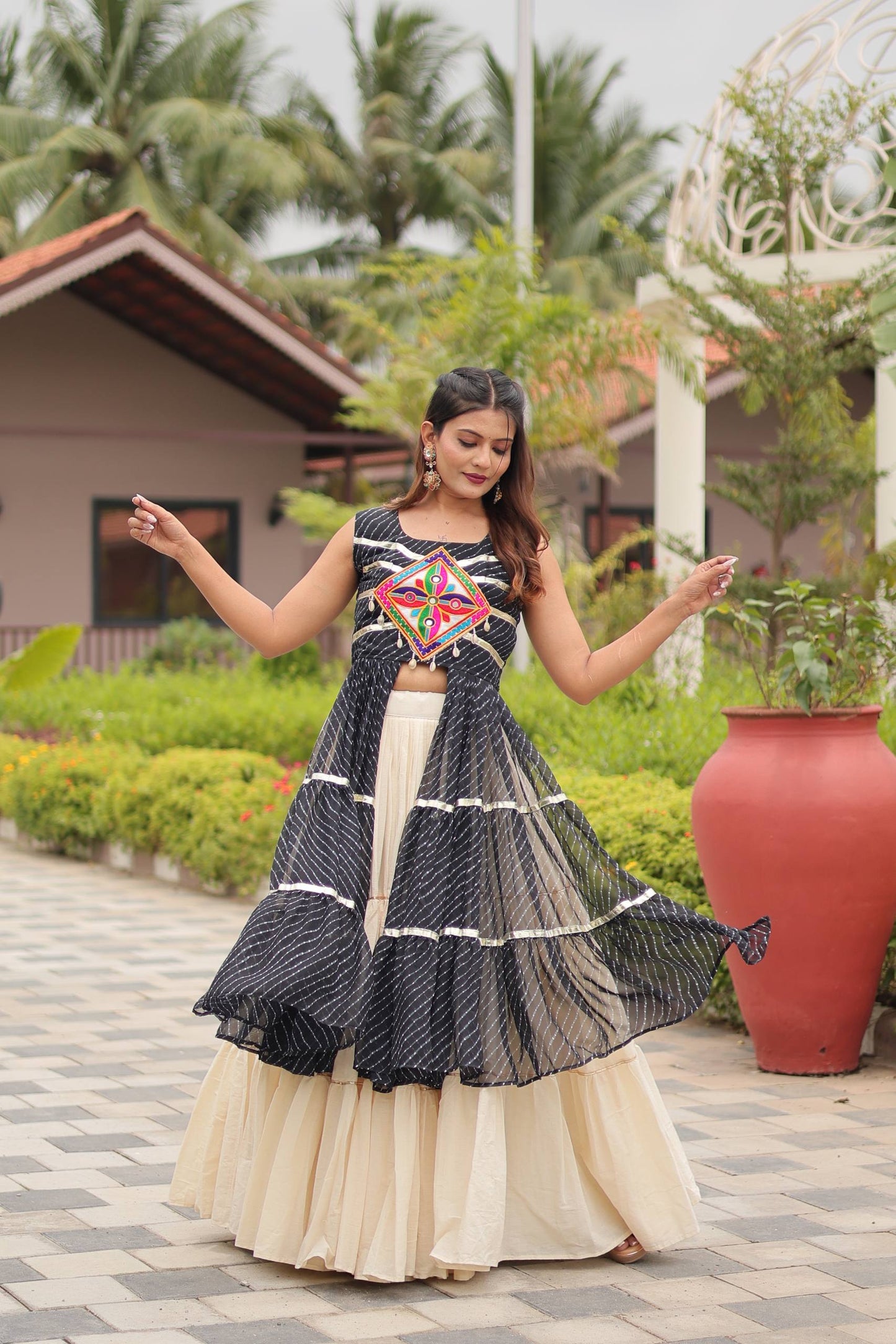Black cotton gamthi work lehenga