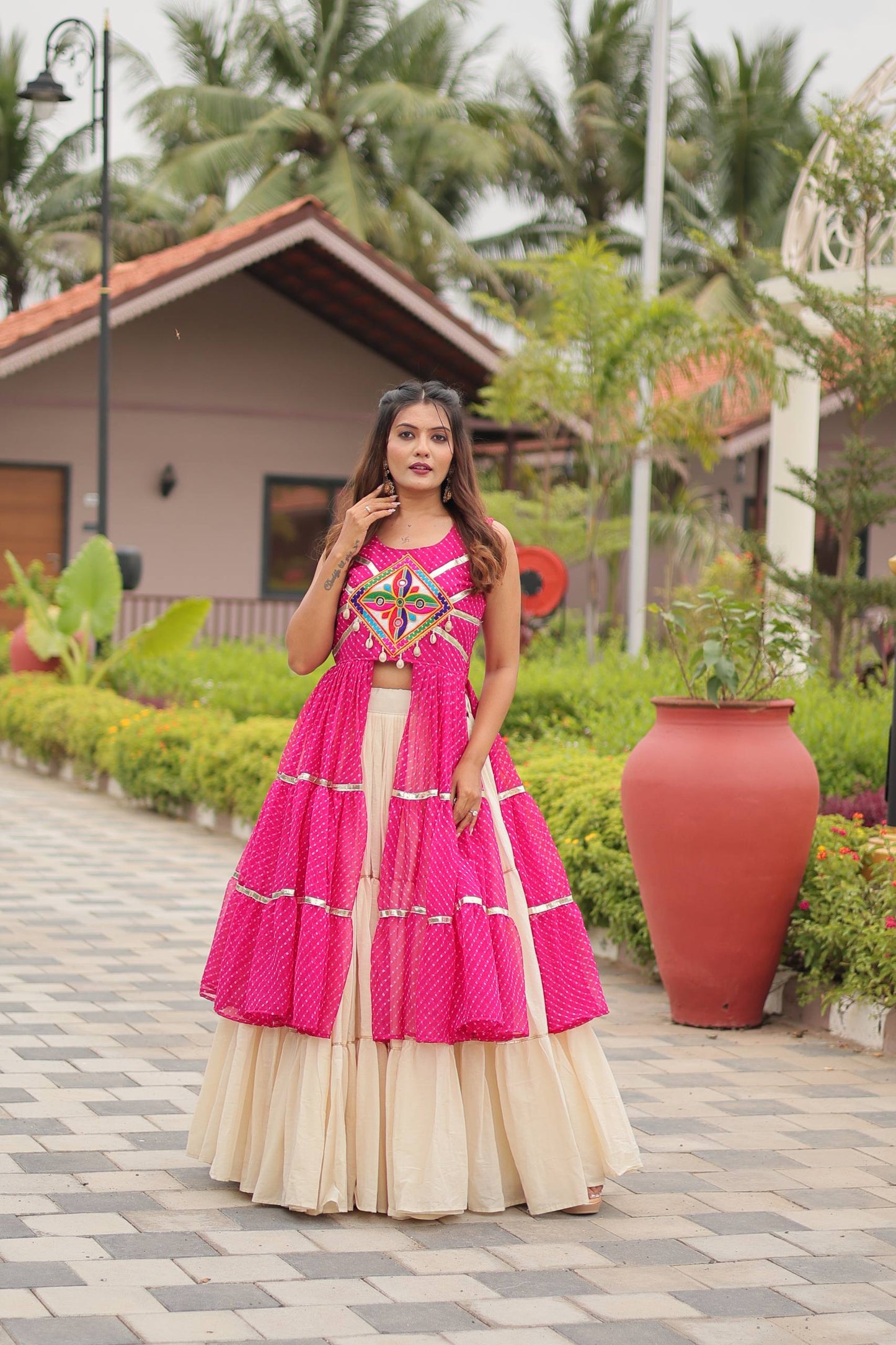 Pink color gamthi work lehenga