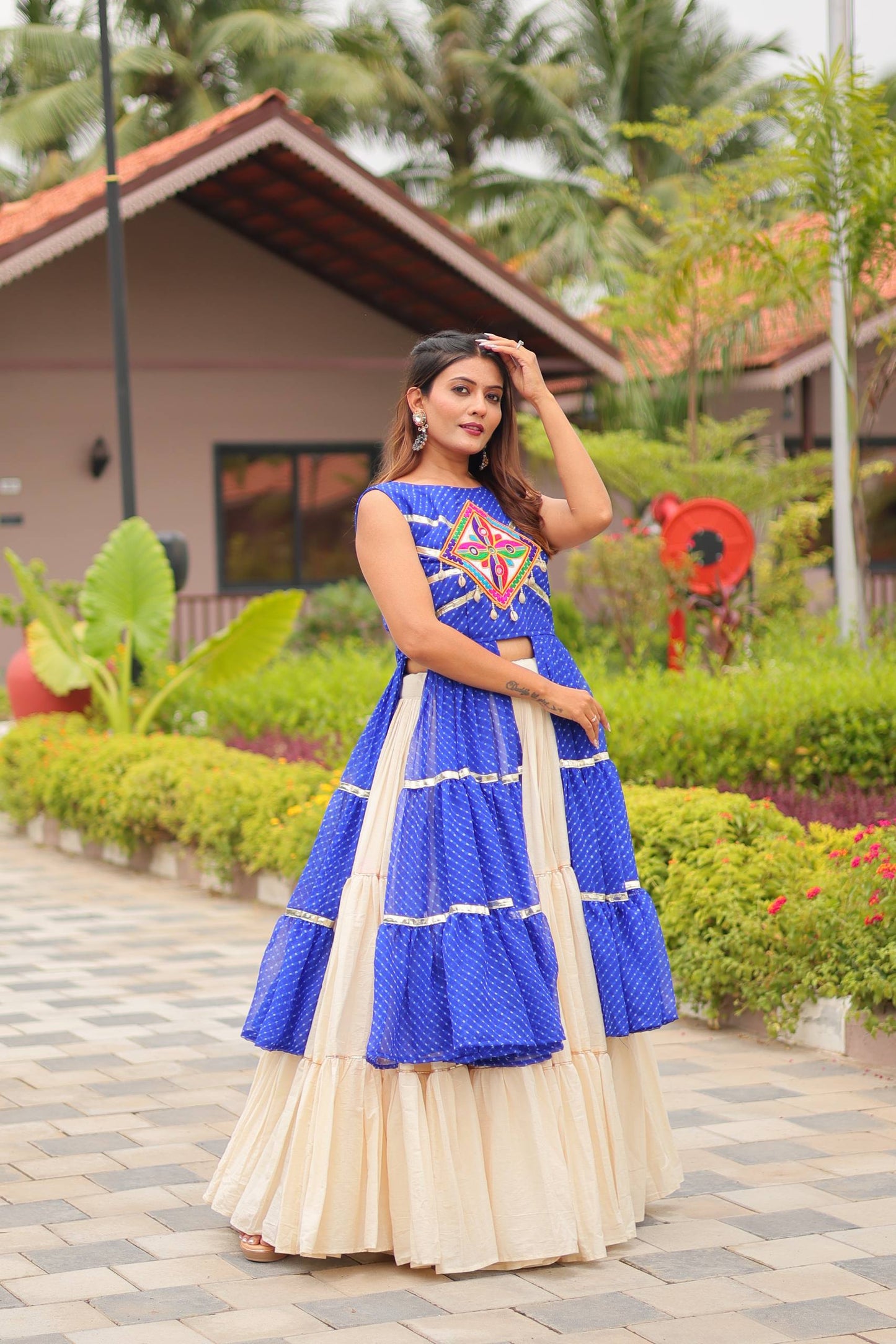 Blue color cotton gamthi work lehenga