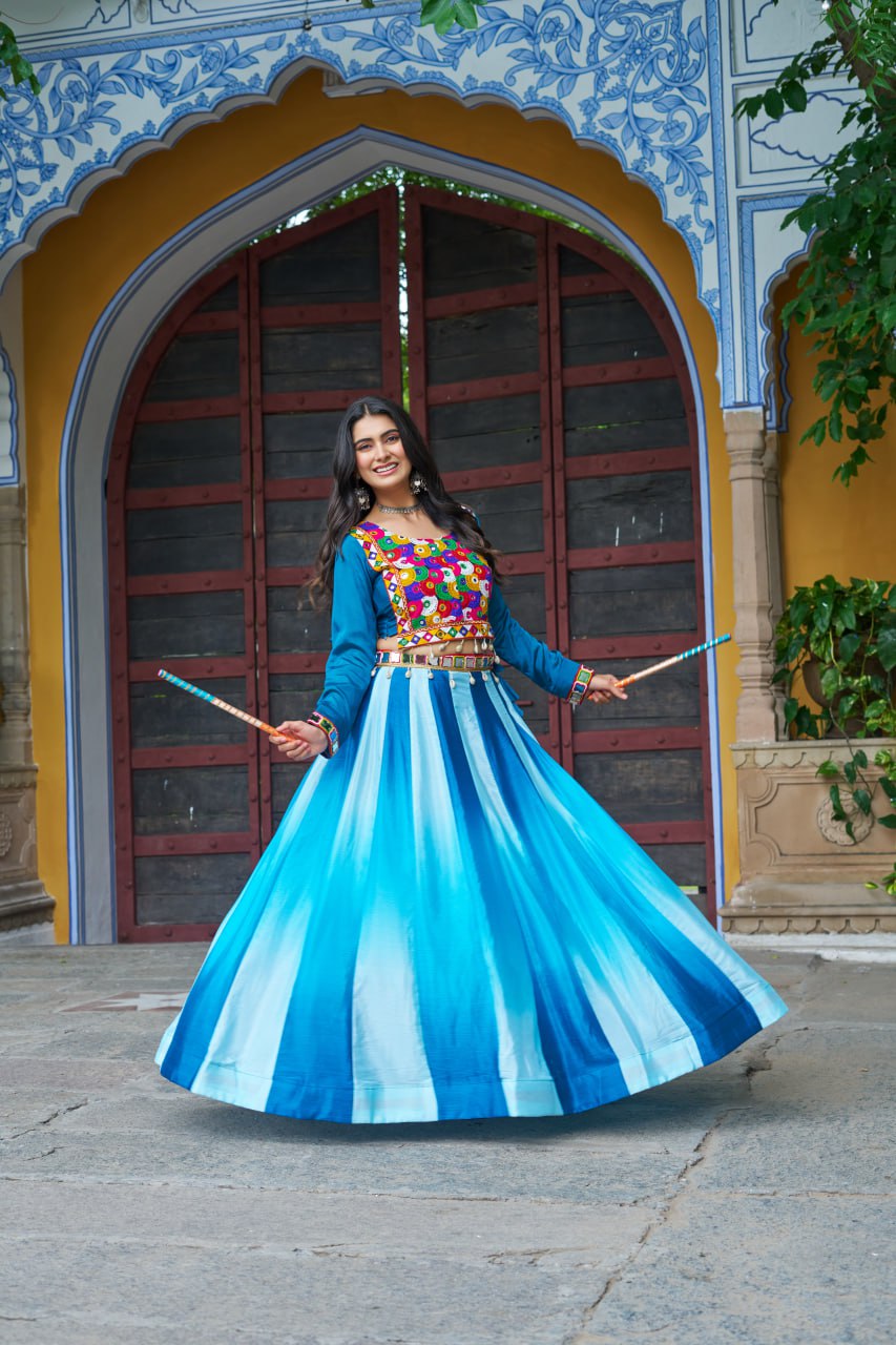 Sky color kutchi work lehenga with top