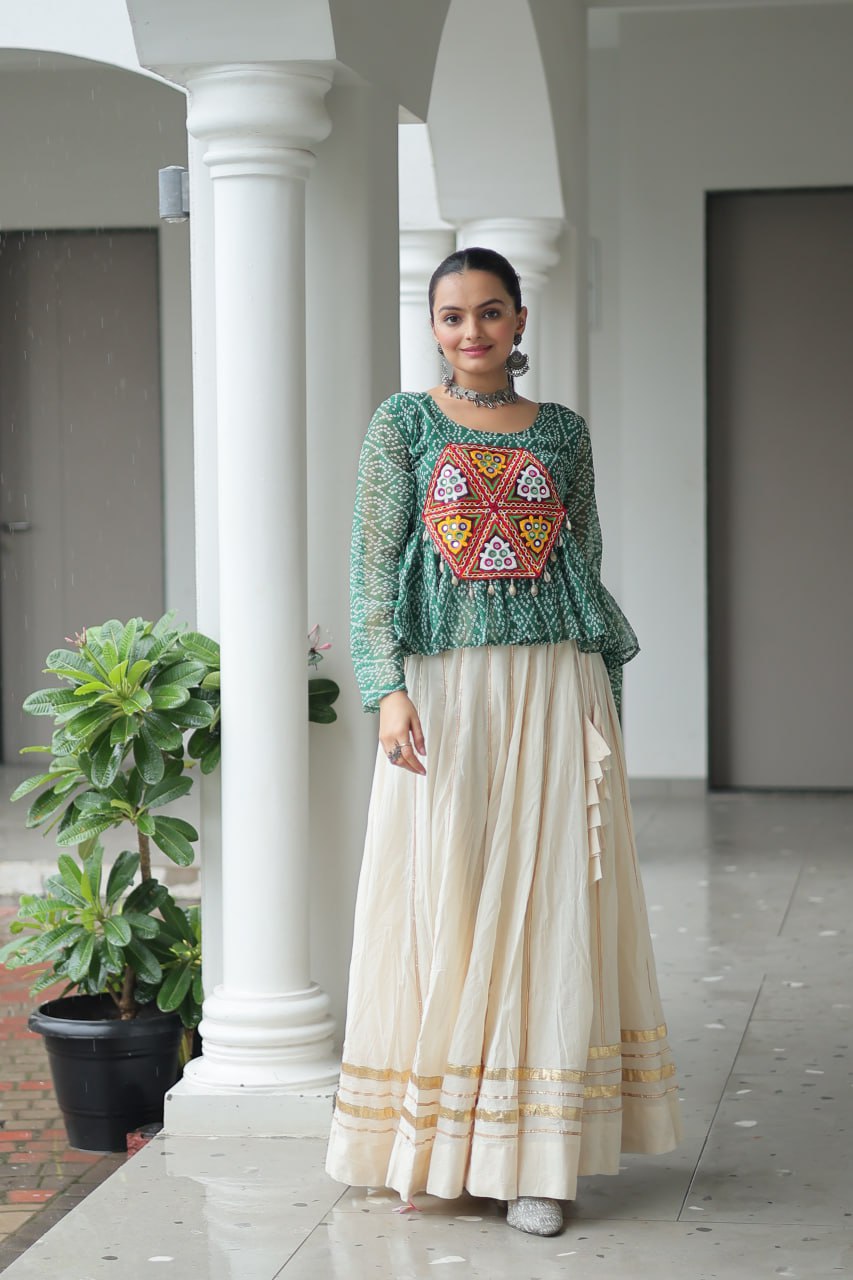 White cotton lehenga with top for navratri online shopping