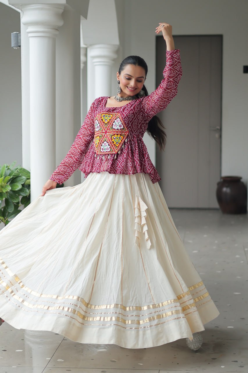 White Gamthi work ghagra with top
