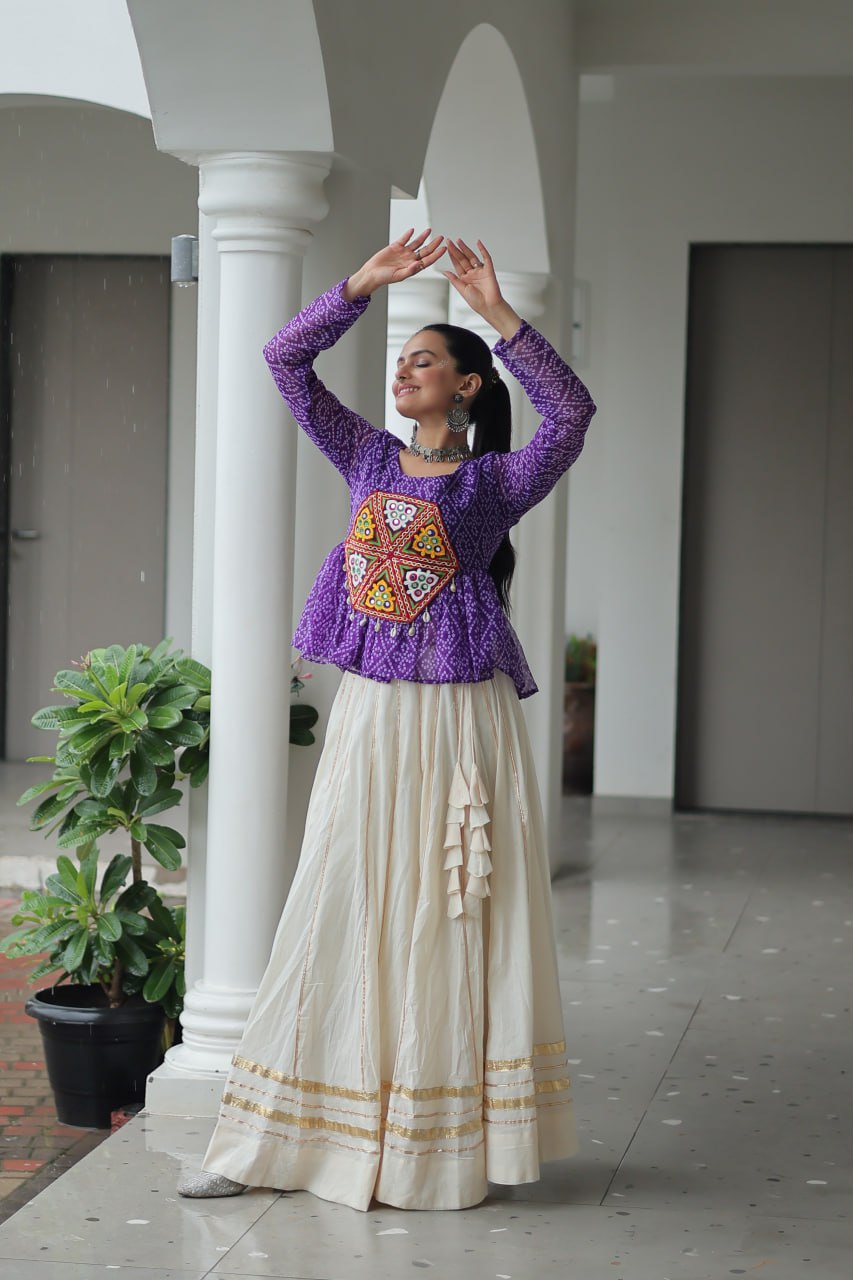Dandiya Nights White Kutchi Work Lehenga With Top