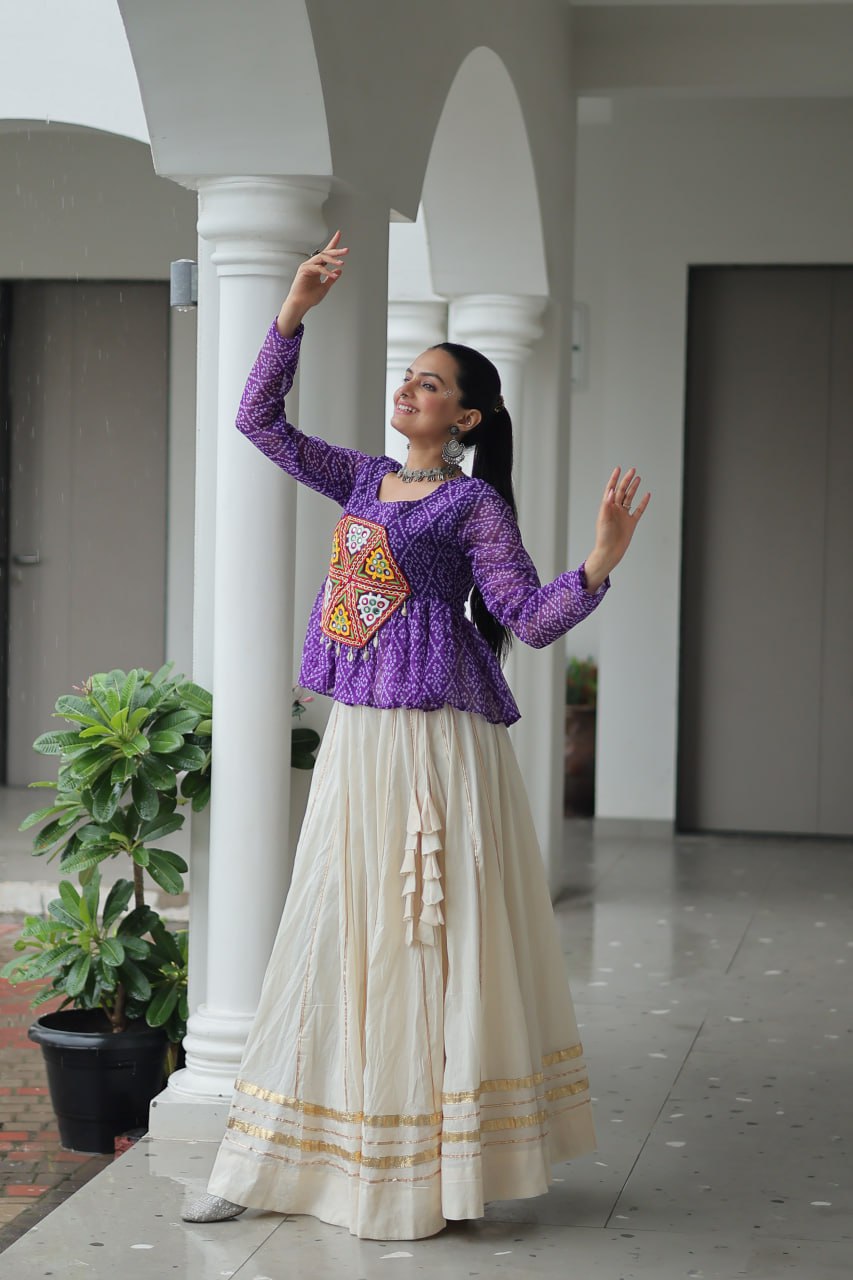 Dandiya Nights White Kutchi Work Lehenga With Top