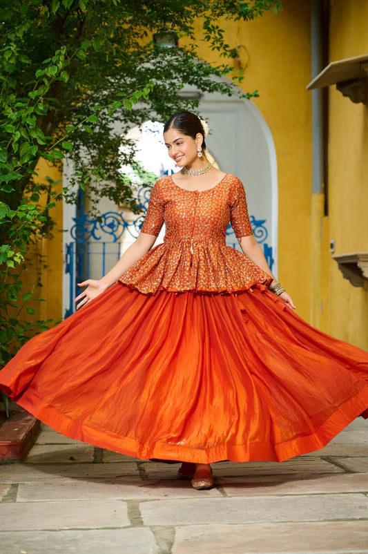 Orange color embroidery work lehenga