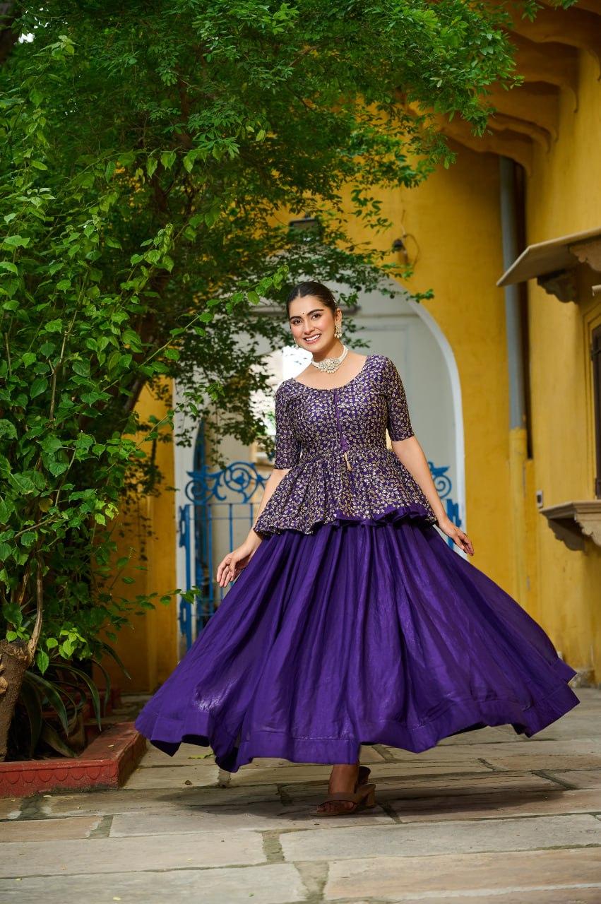 Purple embroidery work lehenga with top