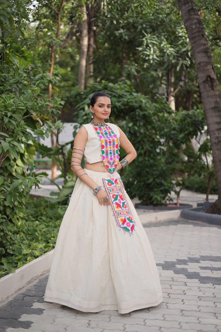 White color cotton lehenga choli for navratri online shopping