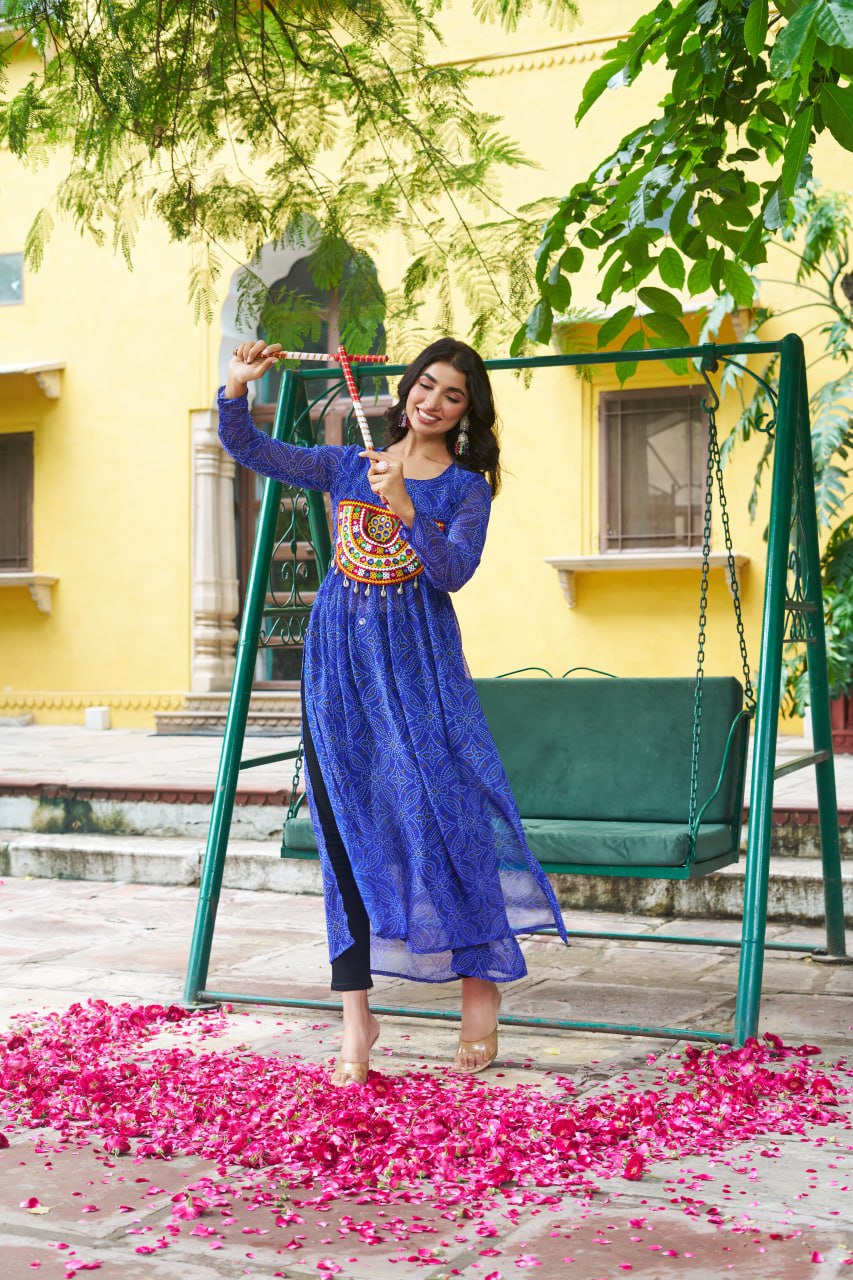 Navratri Special Blue Stitched Slit Kurtis For Women