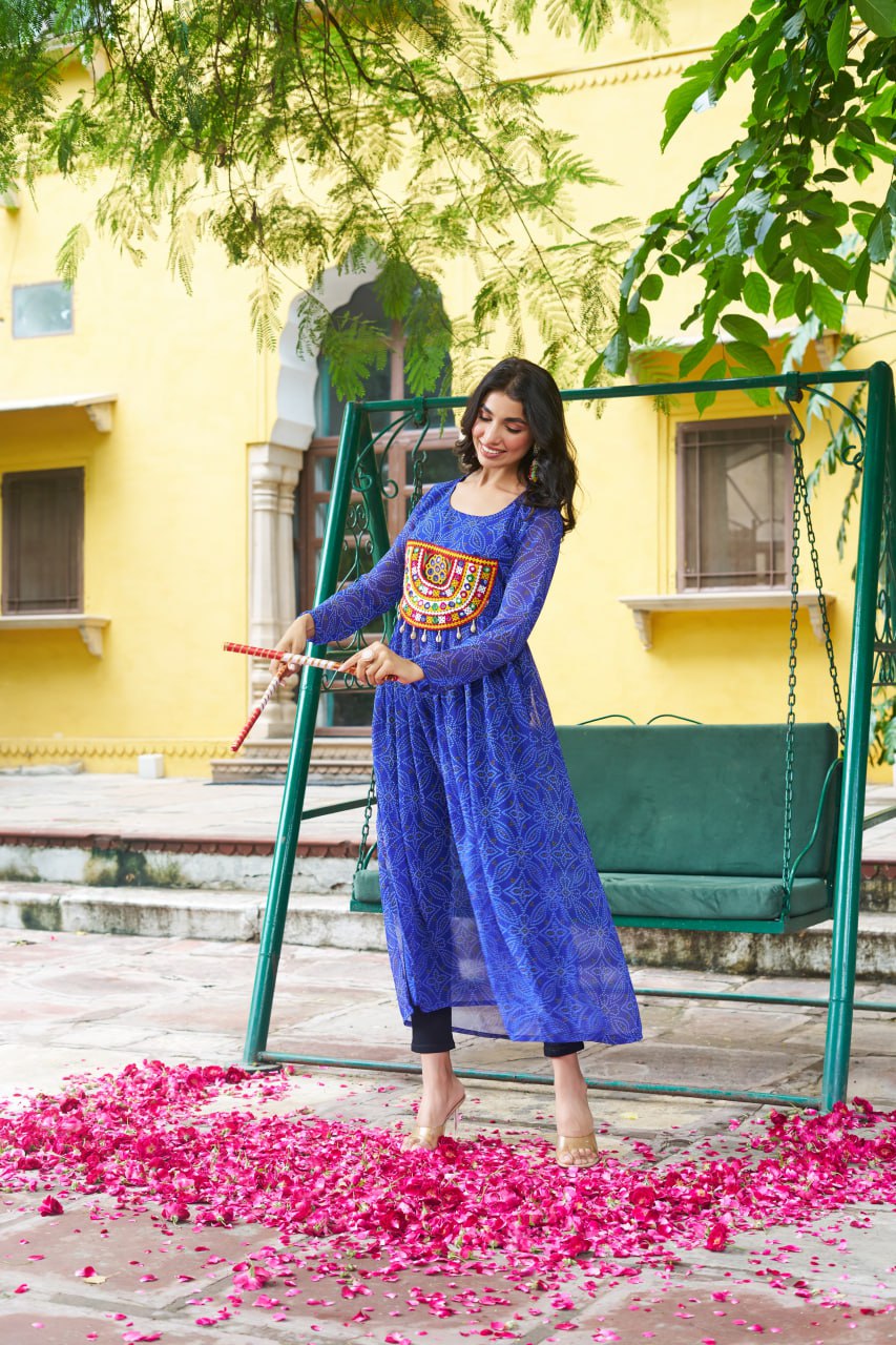 Navratri Special Blue Stitched Slit Kurtis For Women