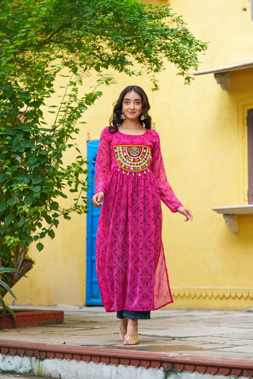 Pink color kutchi work kurtis