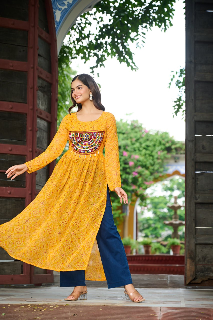 Long sleeves Yellow georgette kurtis