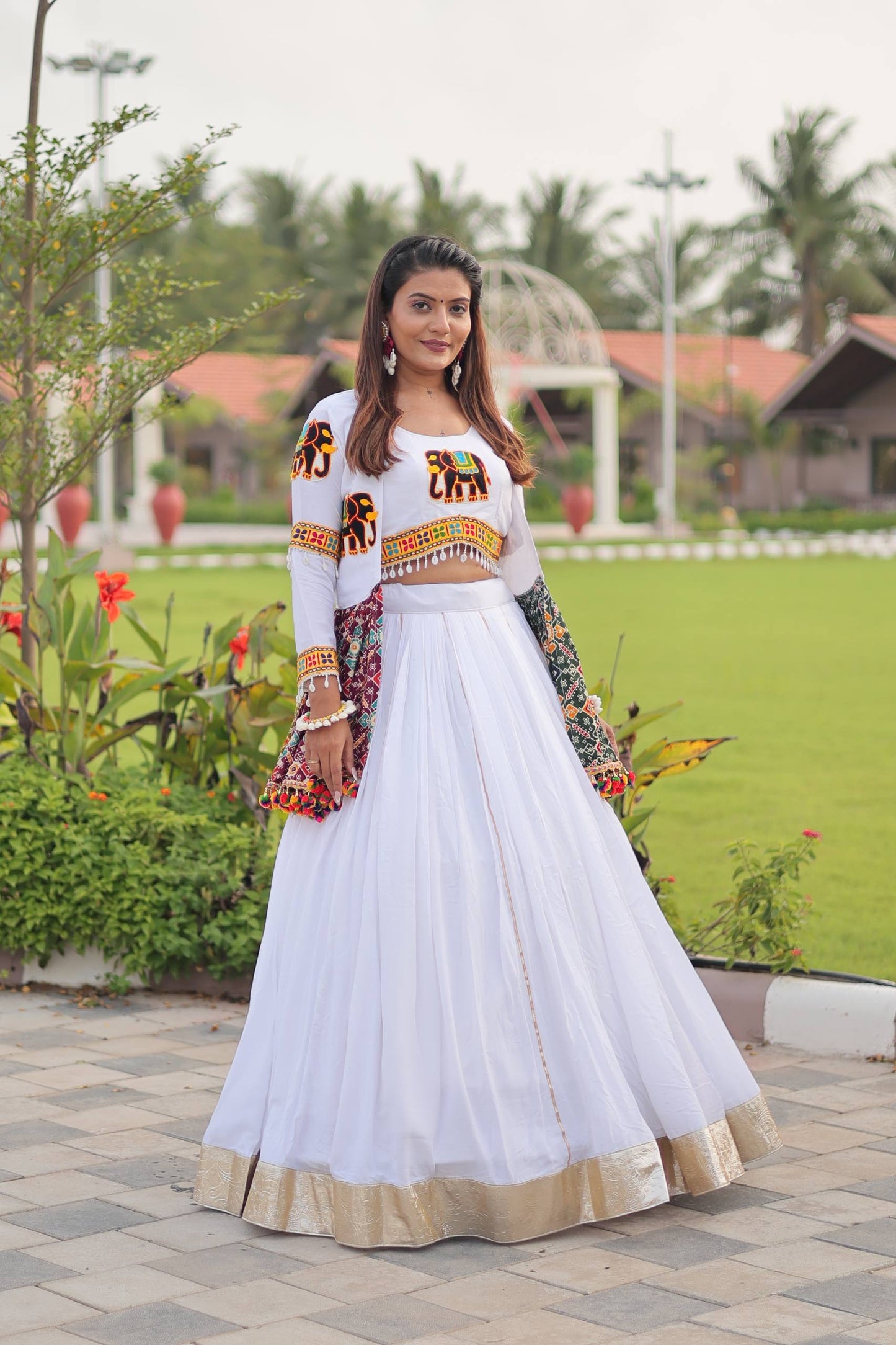 White cotton garba wear lehenga choli