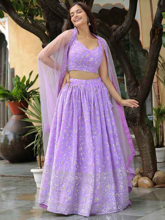 Lavender Georgette Sider Wedding Wear Lehenga Choli