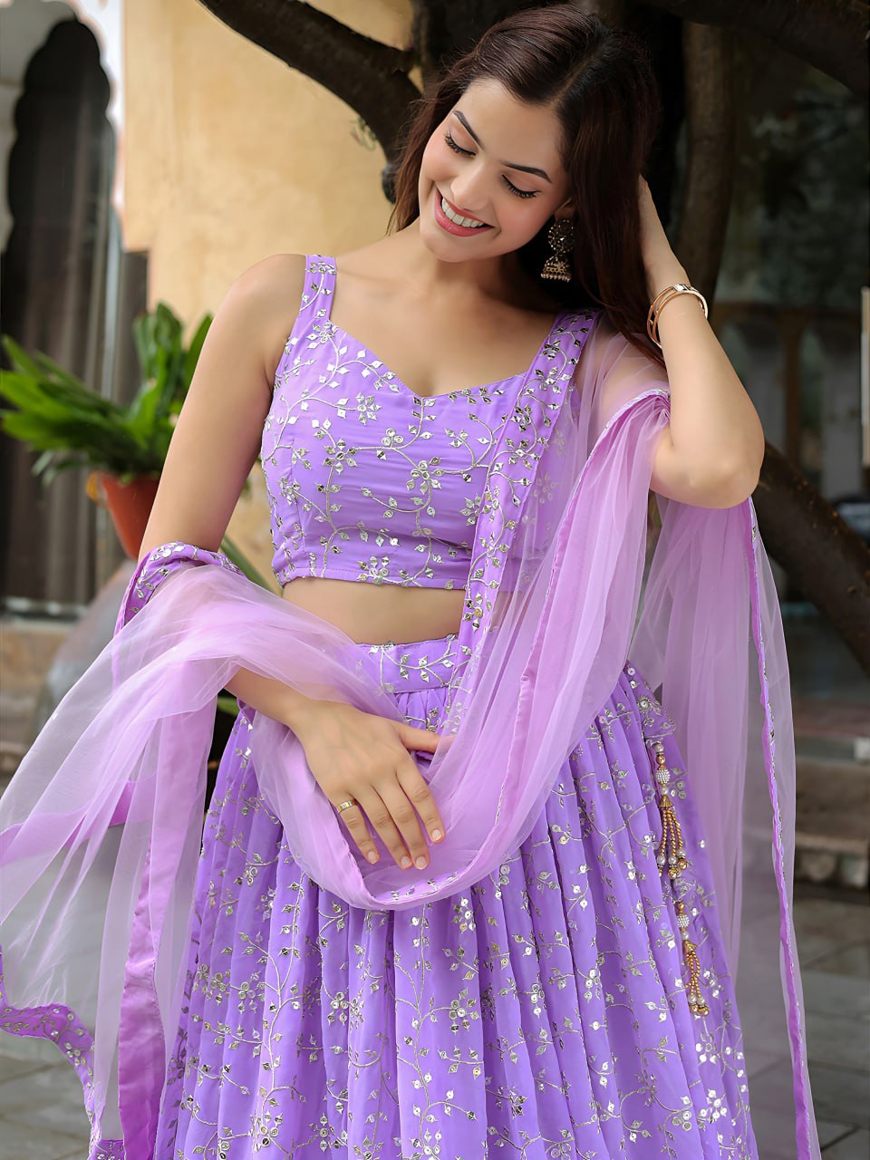 Lavender Georgette Sider Wedding Wear Lehenga Choli
