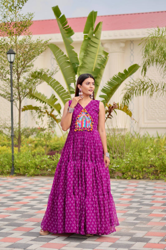 Purple embroidery work gown for navratri