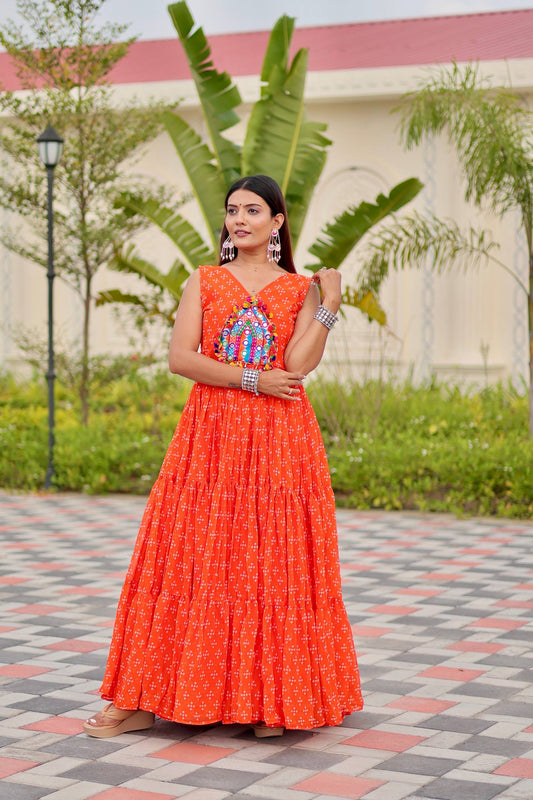 Orange Color Georgette Stitched Gown For Festive