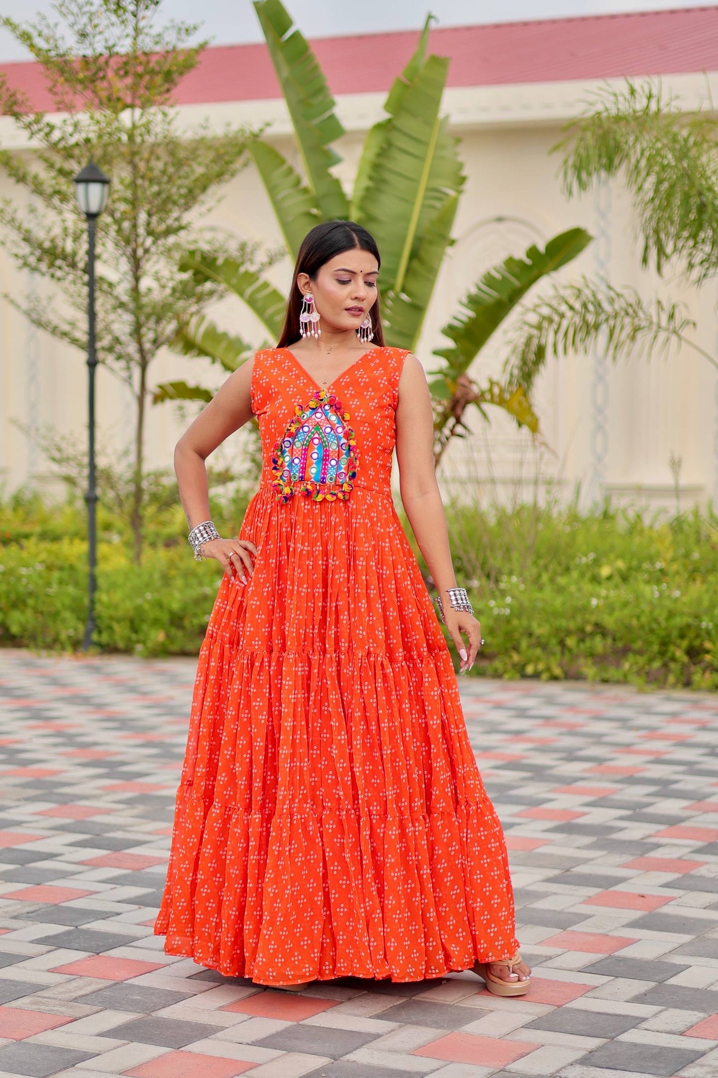 Orange Color Georgette Stitched Gown For Festive