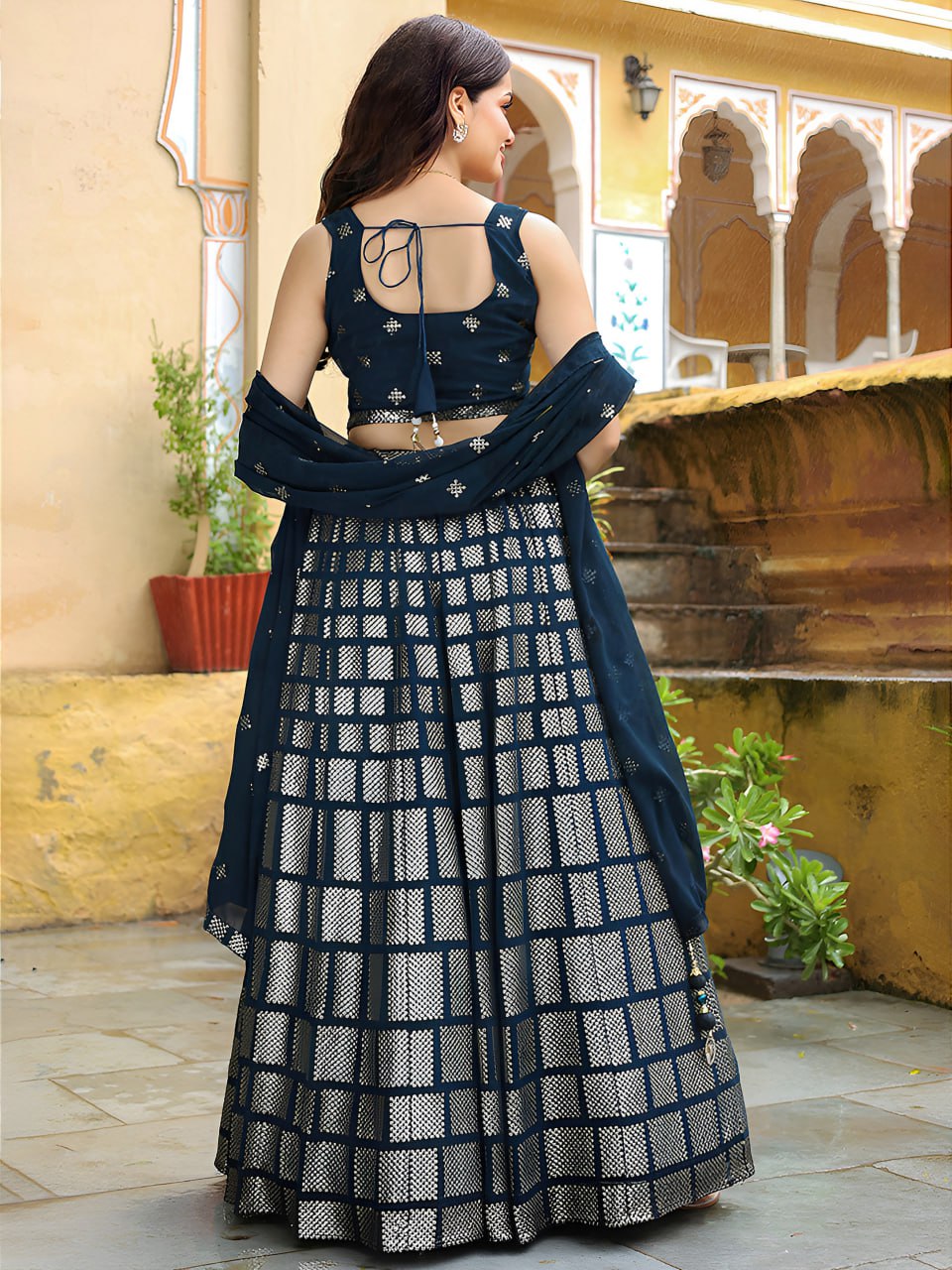 Blue Georgette Sequins Work Engagement Lehenga Choli