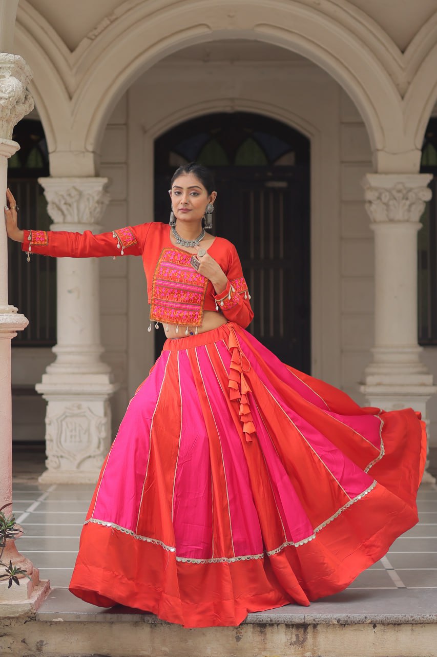 Pink gamthi work lehenga with top