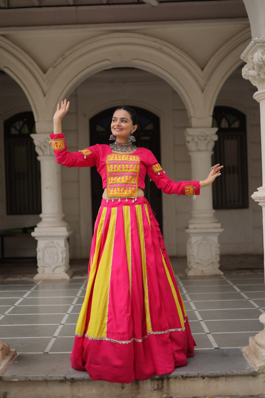 Yellow embroidery work chaniya choli with price