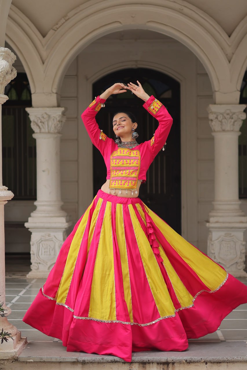 Yellow gamthi work lehenga with top with online shopping